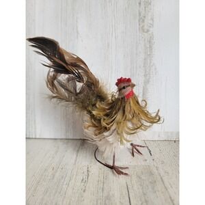 Mini vintage brown rooster white feather realistic farm home decor figure